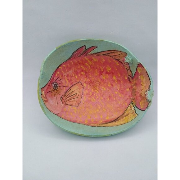 Hand Painted Coconut Shell W/Tropical Orange Fish Signed Beach House Decor - Picture 9 of 9